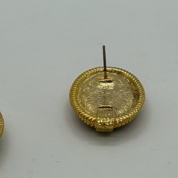 Vintage 80s  Black Acrylic Oval Post Earrings Plymouth New York Gold Rope Border - Picture 11 of 13